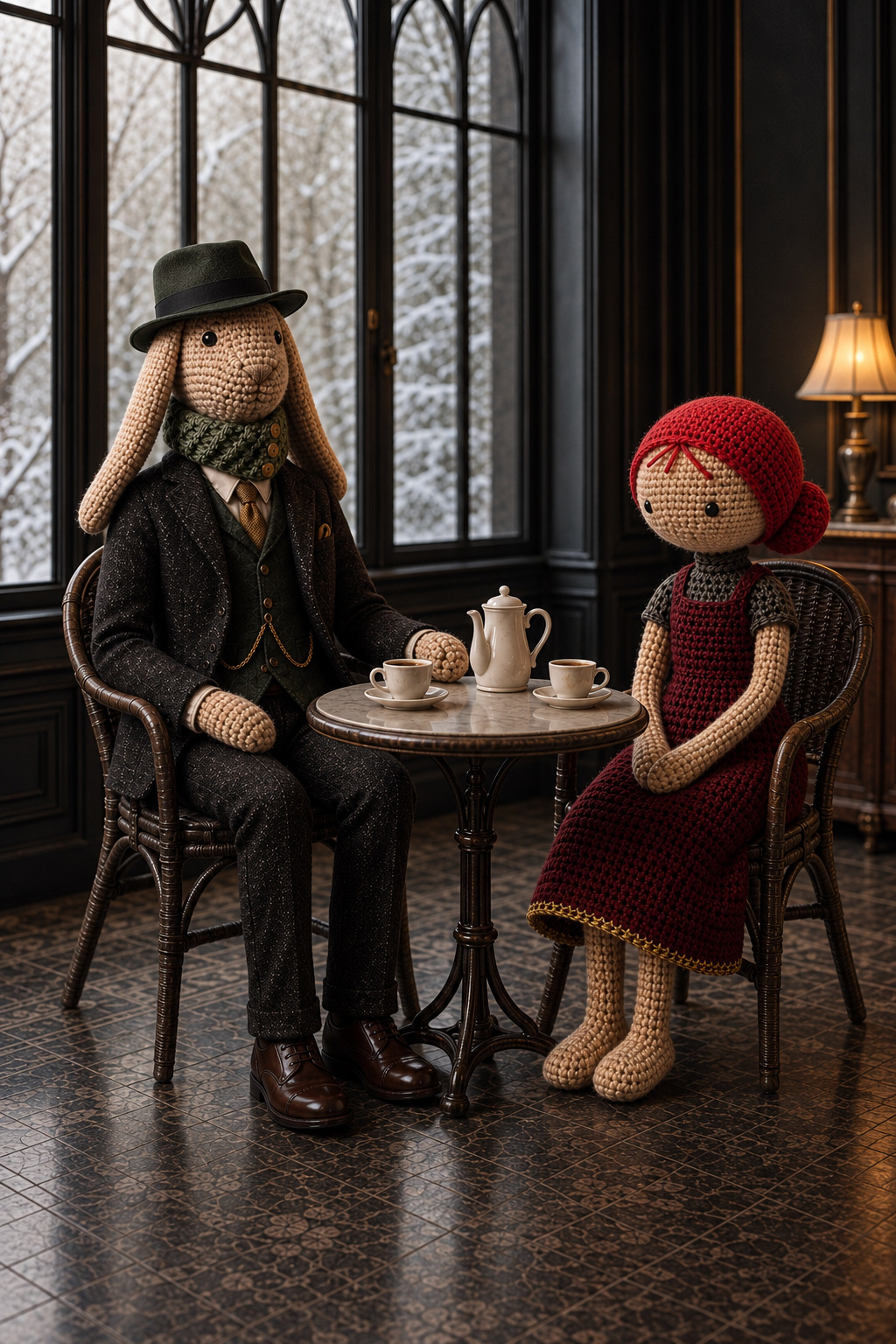 Albrecht und Fräulein von Altendorff trinken Kaffee; am Fenster liegt kühles Winterlicht.