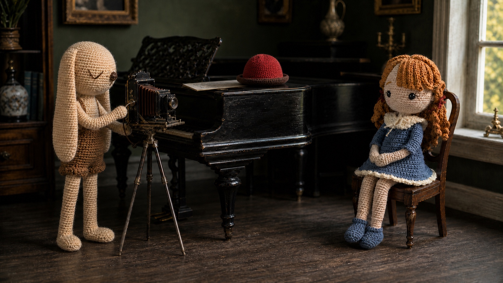 Leander steht mit einem Fotoapparat neben Veronika im hellen Musikzimmer.