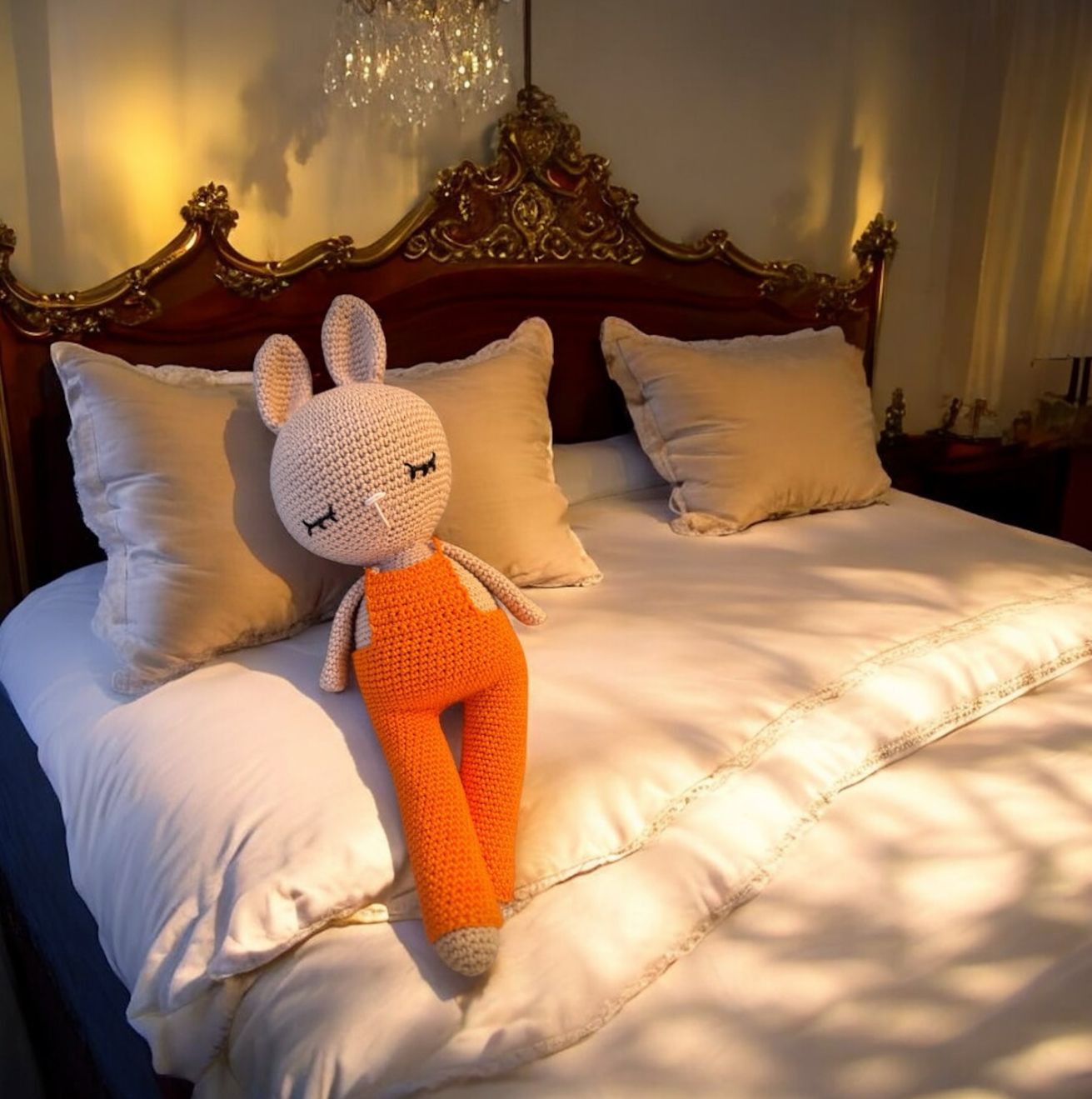 Susanne sitzt im warmen Abendlicht auf einem großen Bett mit weißen Kissen.